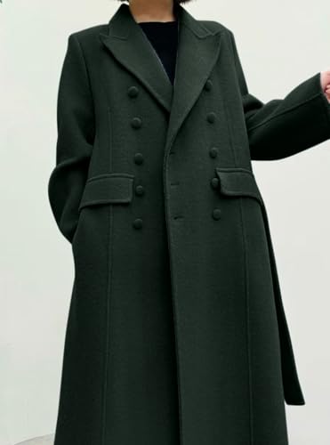 CHARTOU Women Long Winter Wool Pea Coat Lapel Double Breasted Trench Over Coat with Belt