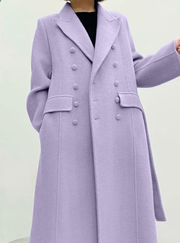 CHARTOU Women Long Winter Wool Pea Coat Lapel Double Breasted Trench Over Coat with Belt