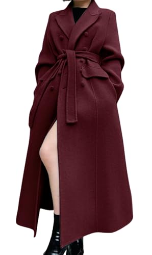 CHARTOU Women Long Winter Wool Pea Coat Lapel Double Breasted Trench Over Coat with Belt