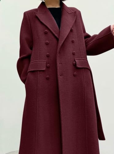 CHARTOU Women Long Winter Wool Pea Coat Lapel Double Breasted Trench Over Coat with Belt