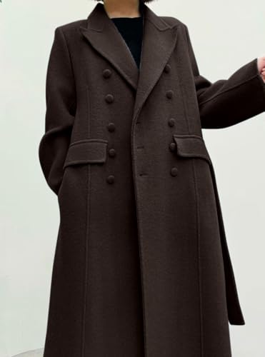 CHARTOU Women Long Winter Wool Pea Coat Lapel Double Breasted Trench Over Coat with Belt