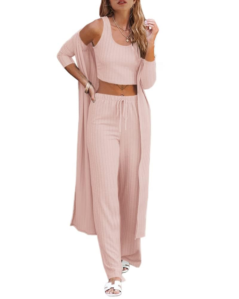 Fessceruna Womens 3 Piece Lounge Sets Pajamas Knit Long Sleeve Cardigan Crop Top Wide Leg Pants Loungewear Set