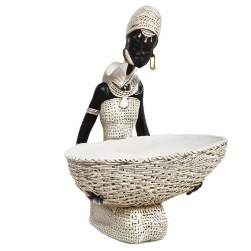 Handmade African Tribal Woman Sculpture - Gold Adorned Seated Figure with Basket, Vintage Resin Statue for Home Decor, Unique Housewarming Gift for Shelf/Table (9.65" H)