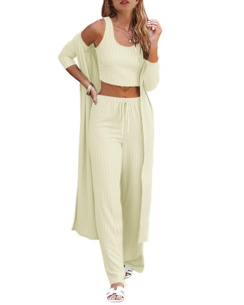 Fessceruna Womens 3 Piece Lounge Sets Pajamas Knit Long Sleeve Cardigan Crop Top Wide Leg Pants Loungewear Set