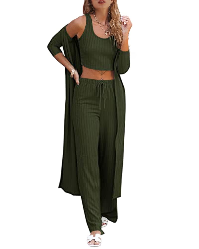 Fessceruna Womens 3 Piece Lounge Sets Pajamas Knit Long Sleeve Cardigan Crop Top Wide Leg Pants Loungewear Set