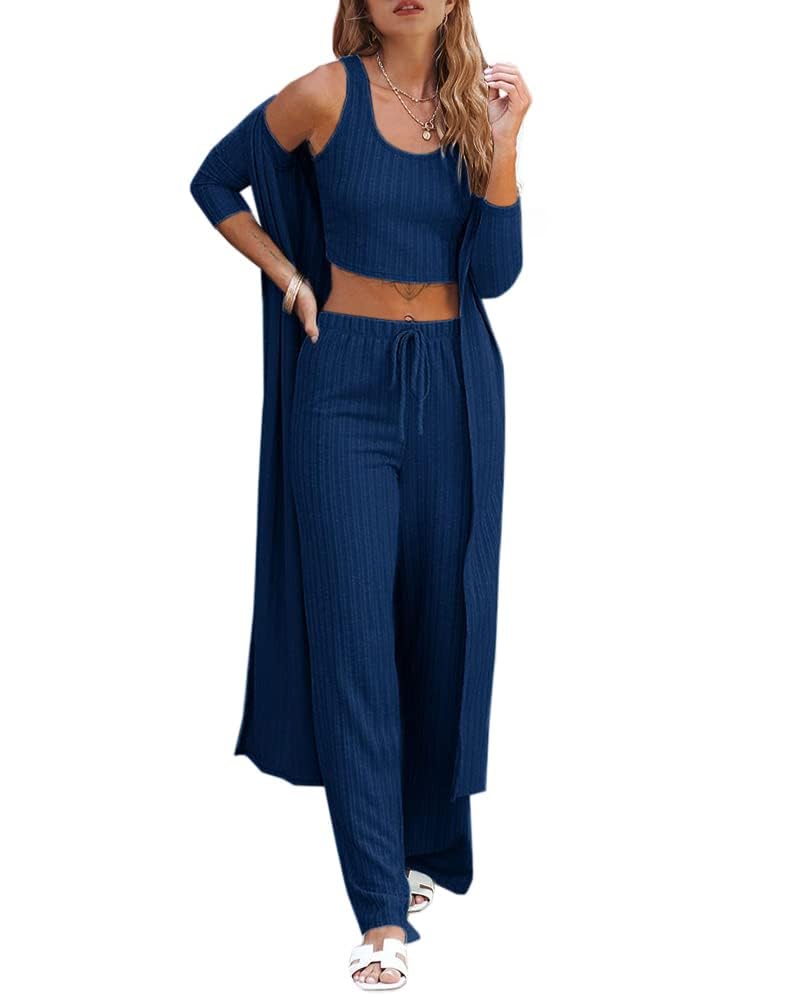 Fessceruna Womens 3 Piece Lounge Sets Pajamas Knit Long Sleeve Cardigan Crop Top Wide Leg Pants Loungewear Set
