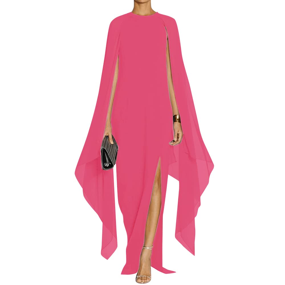 MAYFASEY Women's Elegant High Split Flare Sleeve Formal Evening Gowns Maxi Dress with Cape
