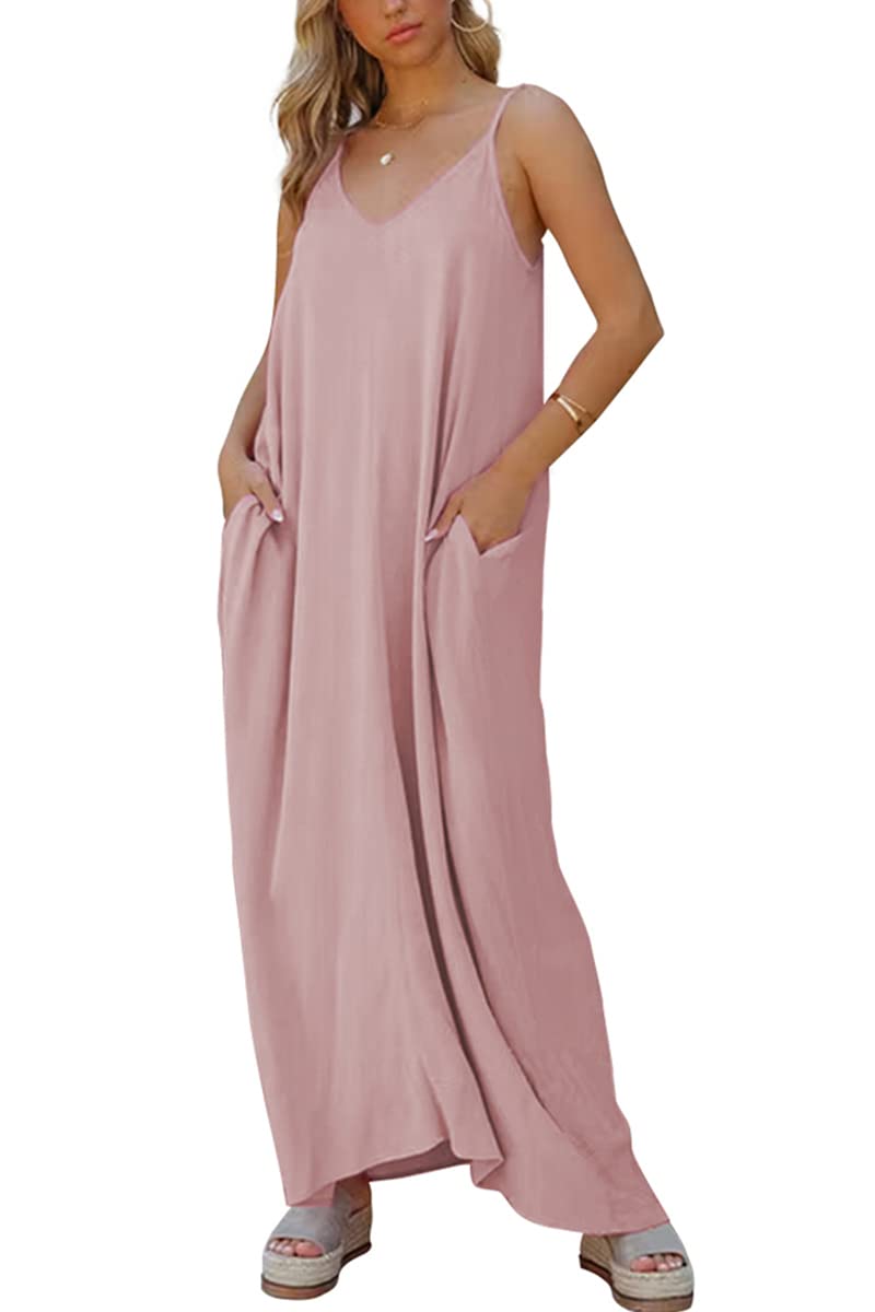Poetsky Womens Casual Strappy V Neck Sleeveless Flowy Pockets Loose Long Maxi Beach Dress Sundress