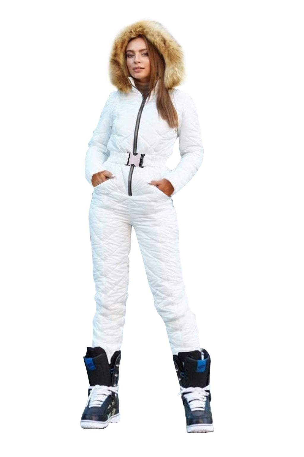 Yousify Womens Winter Ski Suit One Piece Hooded Fur Collar Ski Jumpsuit Snowsuit Outdoor Sports Coat