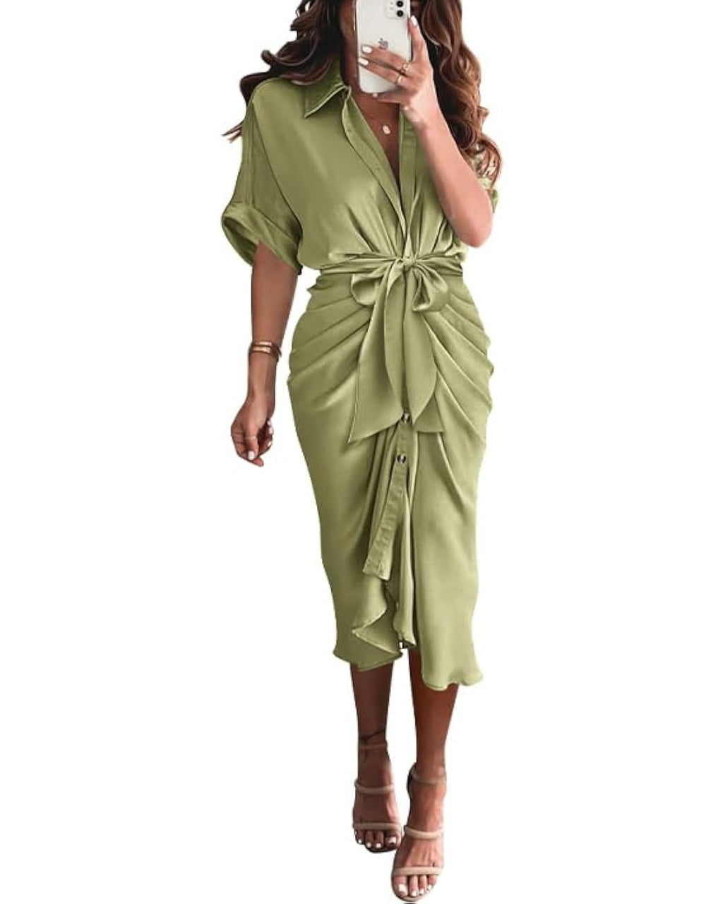 BTFBM Women Button Down Ruched Shirt Dresses Satin Short Sleeve Lapel V Neck Summer Maxi Dress 2025 Party Wedding Guest