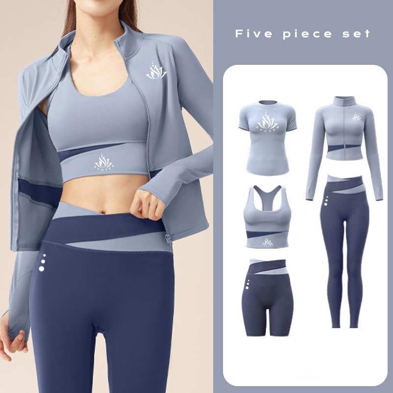 Women Activewear Gymwear Yoga Suit Athleisure Five Piece Set, T-Shirt, Jacket, Sports Bra, Leggings, Running Shorts