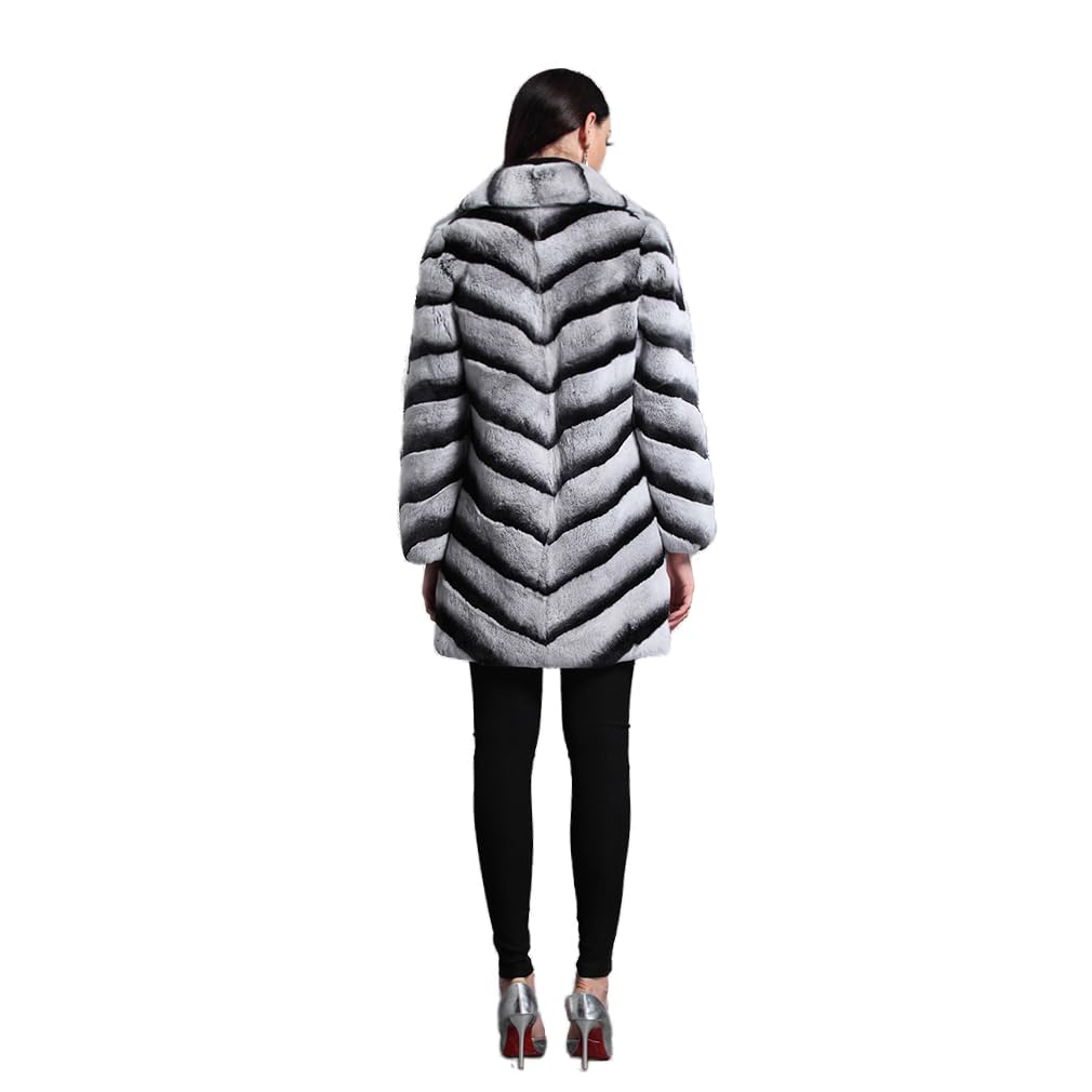 Women's Real Rex Rabbit Fur Coat Furry Long Jacket Winter Warm Stripes Outerwear Turn-down Collar