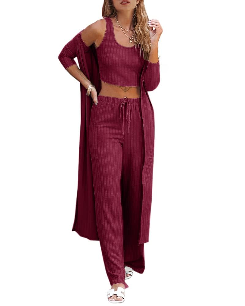 Fessceruna Womens 3 Piece Lounge Sets Pajamas Knit Long Sleeve Cardigan Crop Top Wide Leg Pants Loungewear Set