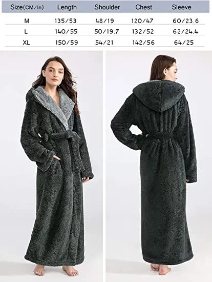 Hellomamma Long Hooded Robe for Women Luxurious Flannel Fleece Full Length Bathrobe Winter Warm Pajamas Shower Nightgown