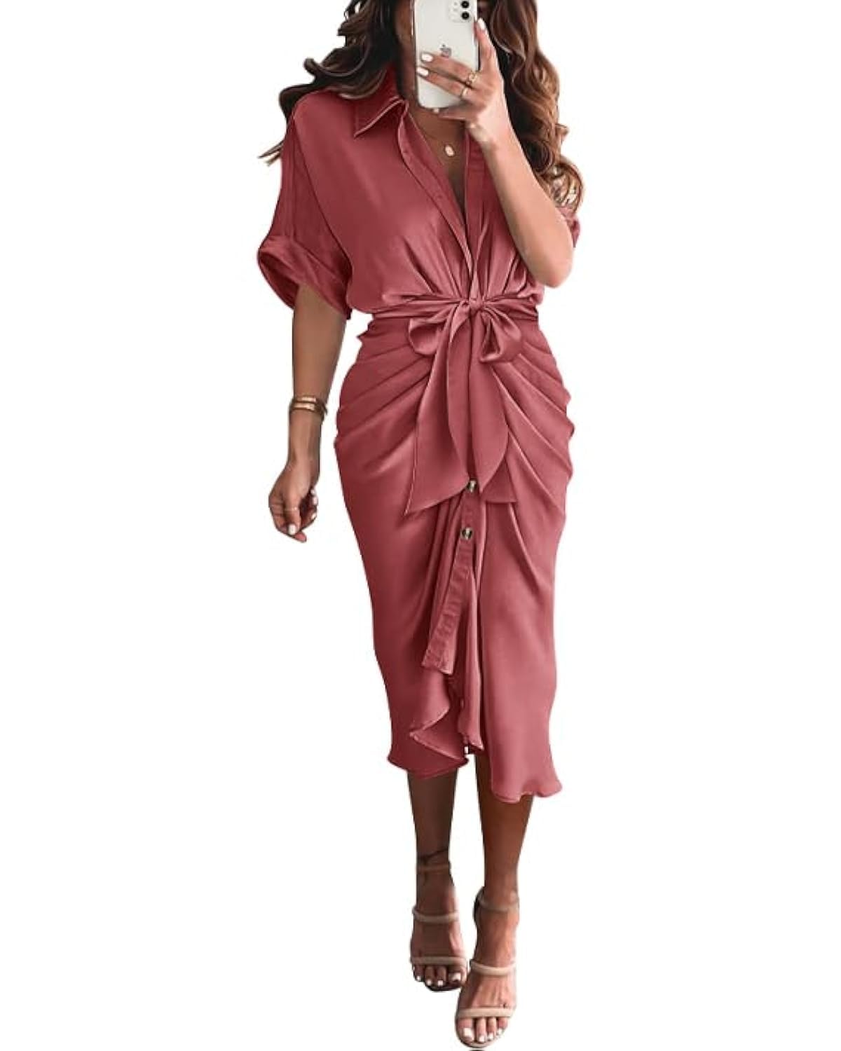 BTFBM Women Button Down Ruched Shirt Dresses Satin Short Sleeve Lapel V Neck Summer Maxi Dress 2025 Party Wedding Guest