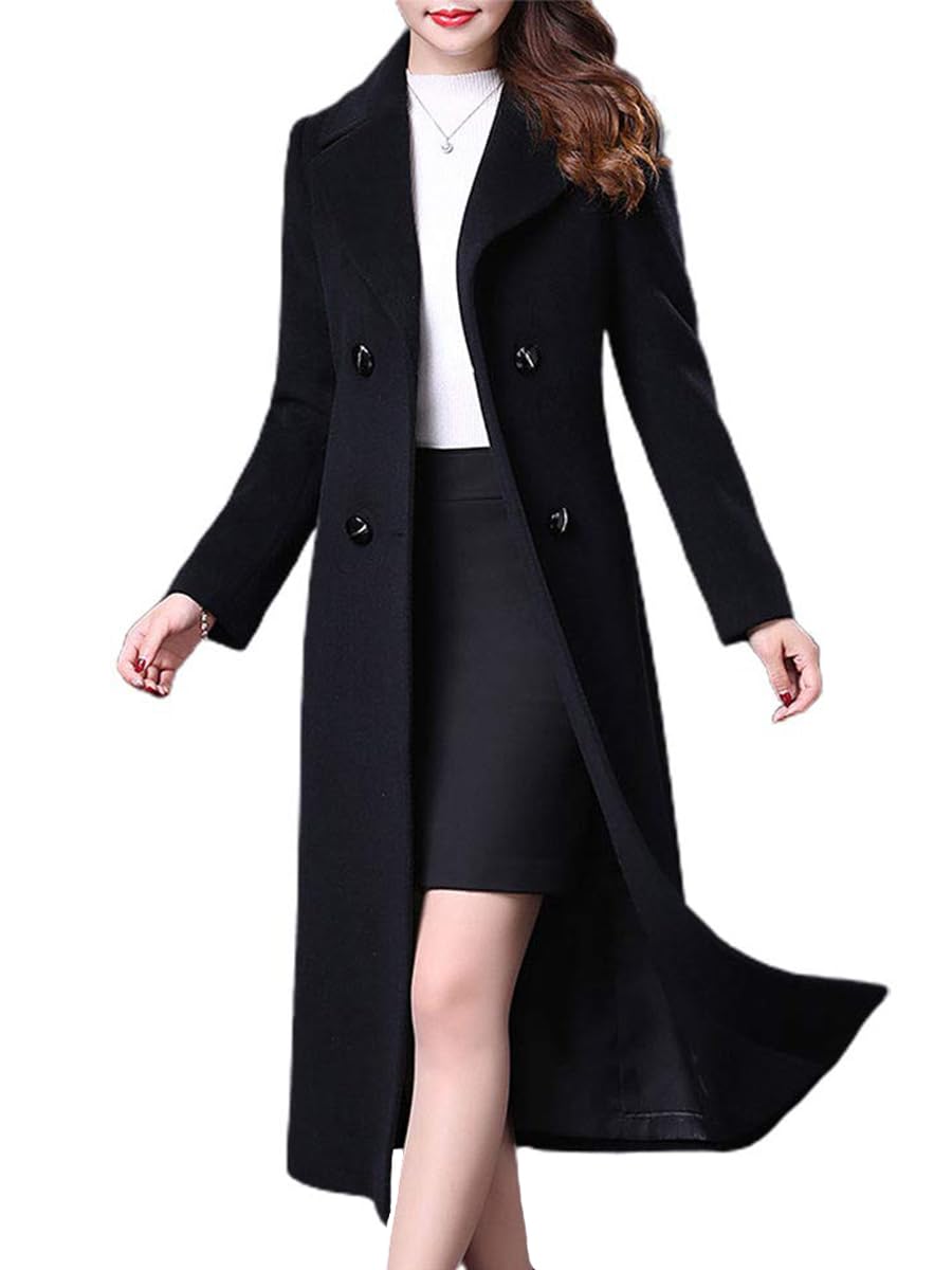 ebossy Women's Elegant Business Wool Coat Double Breasted Winter Long Coat