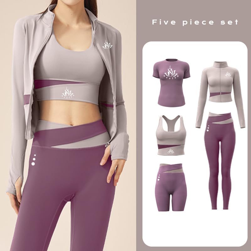 Women Activewear Gymwear Yoga Suit Athleisure Five Piece Set, T-Shirt, Jacket, Sports Bra, Leggings, Running Shorts