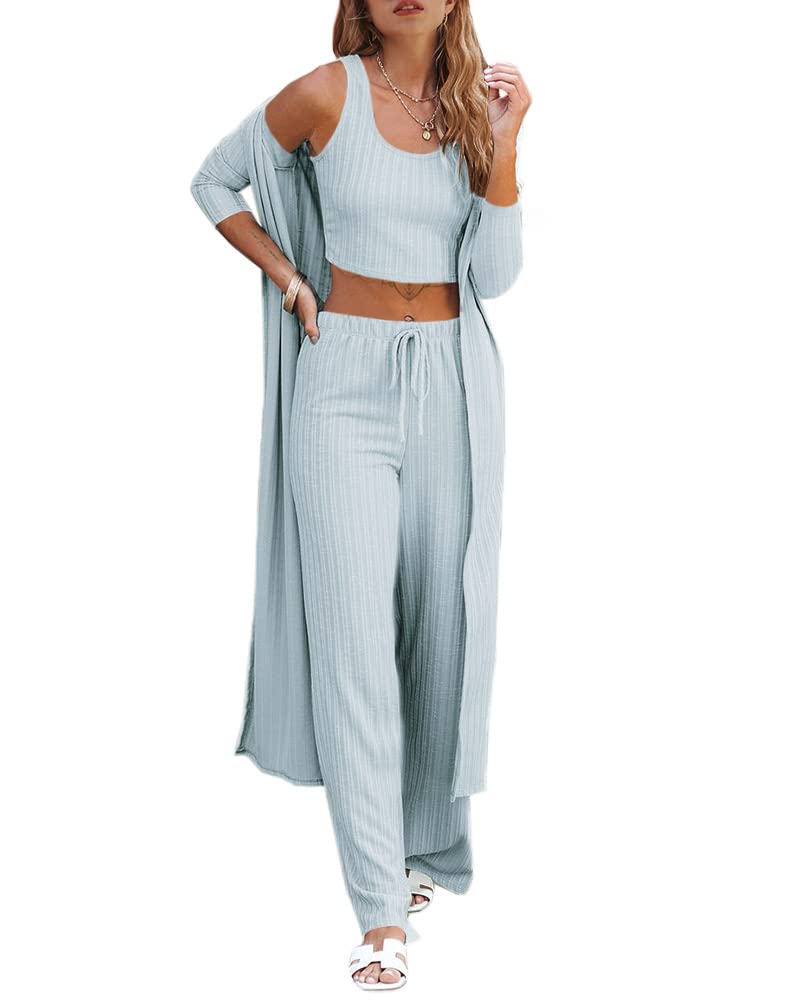 Fessceruna Womens 3 Piece Lounge Sets Pajamas Knit Long Sleeve Cardigan Crop Top Wide Leg Pants Loungewear Set