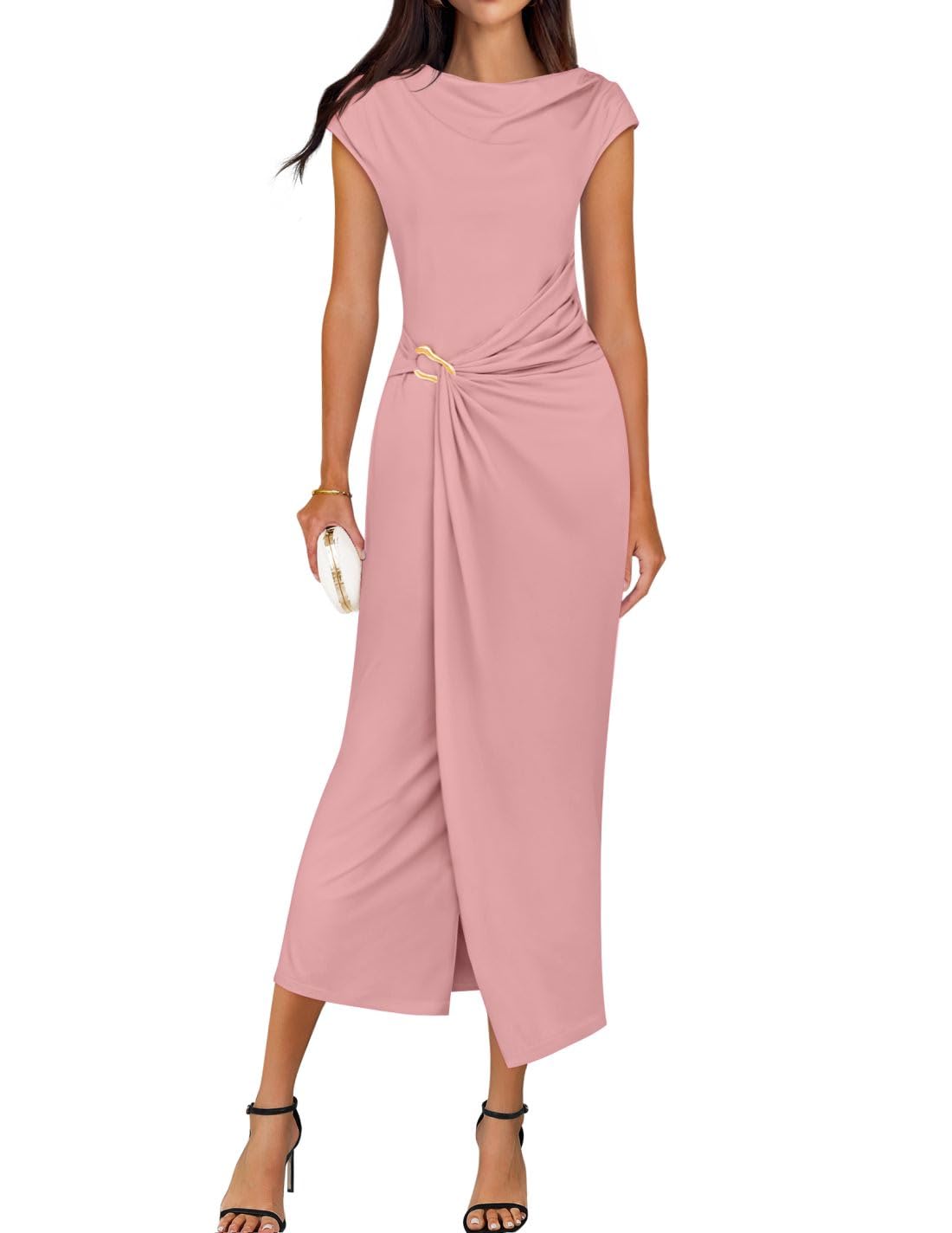 ZESICA Women's 2025 Summer Mock Neck Casual Bodycon Dress Cap Sleeve Elegant Cocktail Party Long Midi Dresses