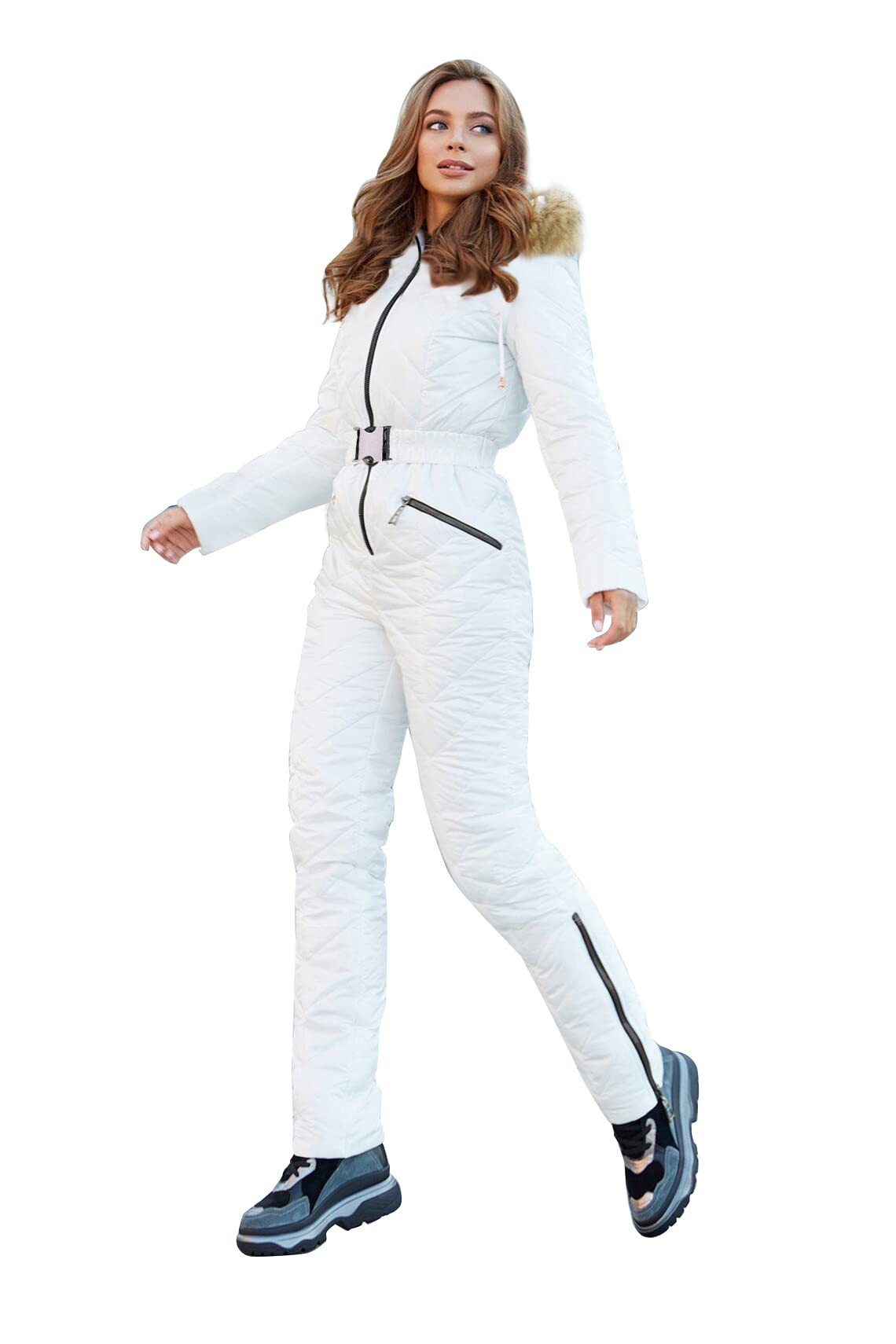Yousify Womens Winter Ski Suit One Piece Hooded Fur Collar Ski Jumpsuit Snowsuit Outdoor Sports Coat