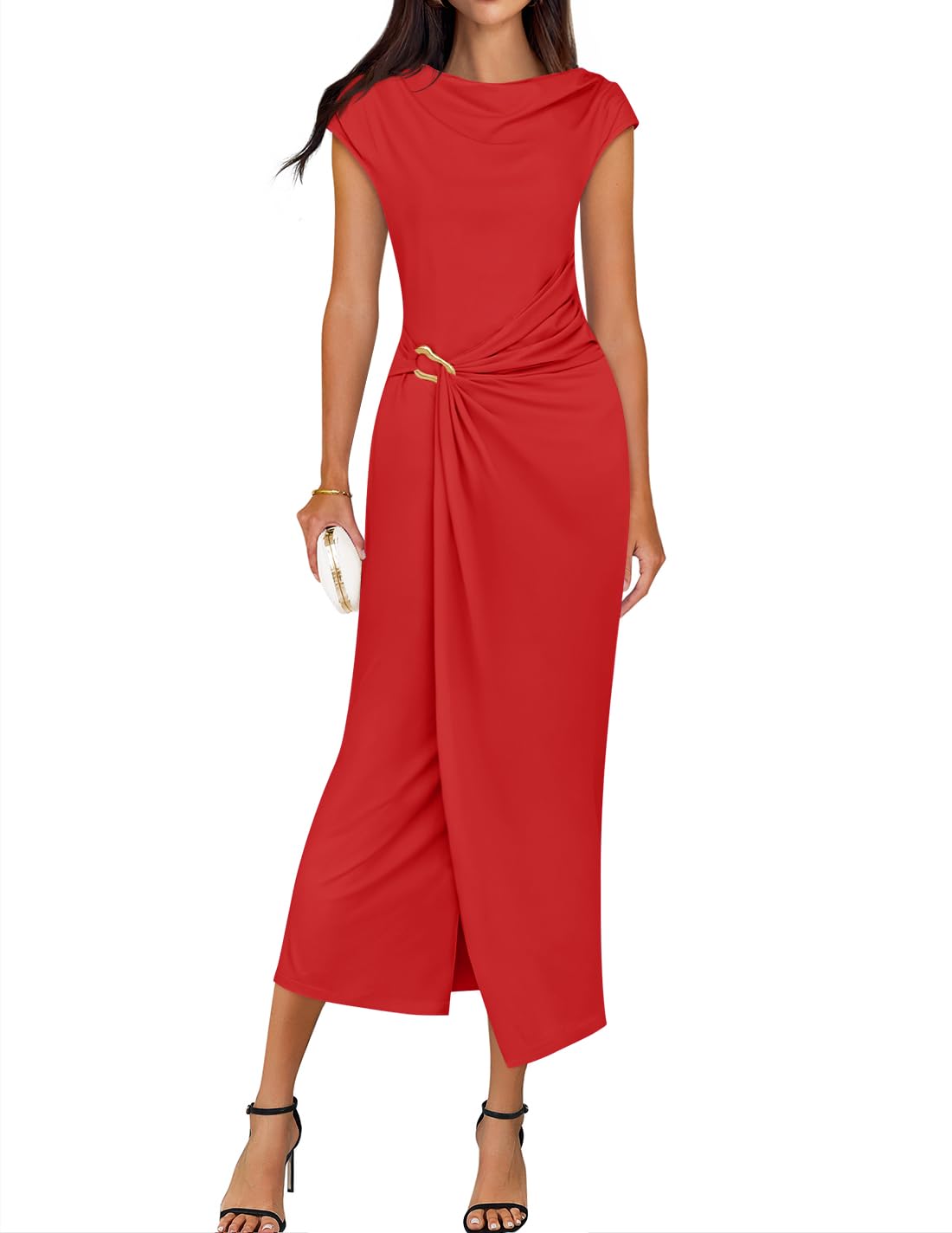 ZESICA Women's 2025 Summer Mock Neck Casual Bodycon Dress Cap Sleeve Elegant Cocktail Party Long Midi Dresses