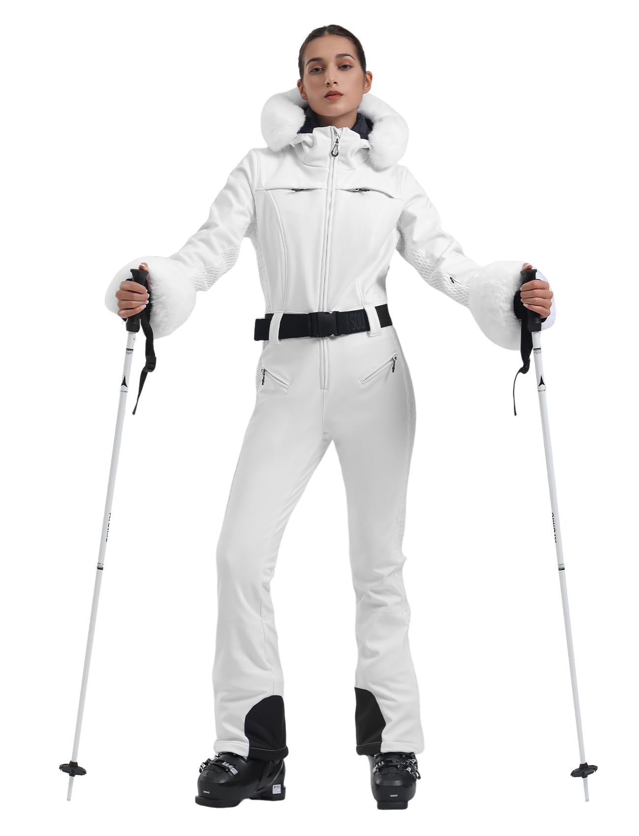 GSOU SNOW Ski Suit Womens One Piece Snowsuit Snowboard Jacket Slim Snow Jumpsuit Faux Fur Ski Outfit Waterproof Windproof