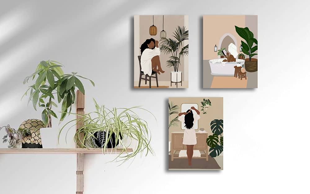 Framed Abstract African American Black Woman Canvas Wall Art, Boho Fashion Flower Art print, Black Women Bedroom Home Decor, Black Girl Poster