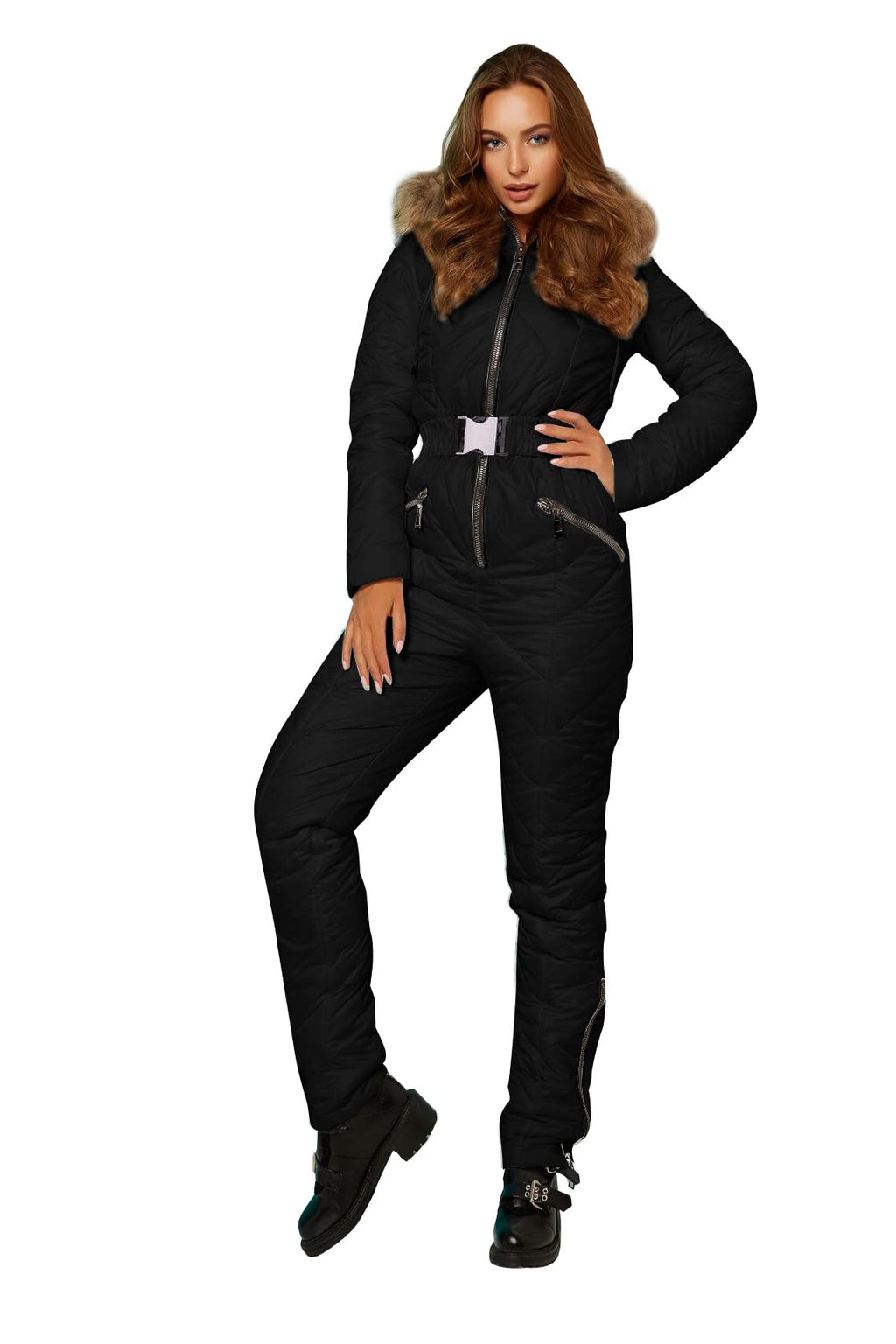 Yousify Womens Winter Ski Suit One Piece Hooded Fur Collar Ski Jumpsuit Snowsuit Outdoor Sports Coat