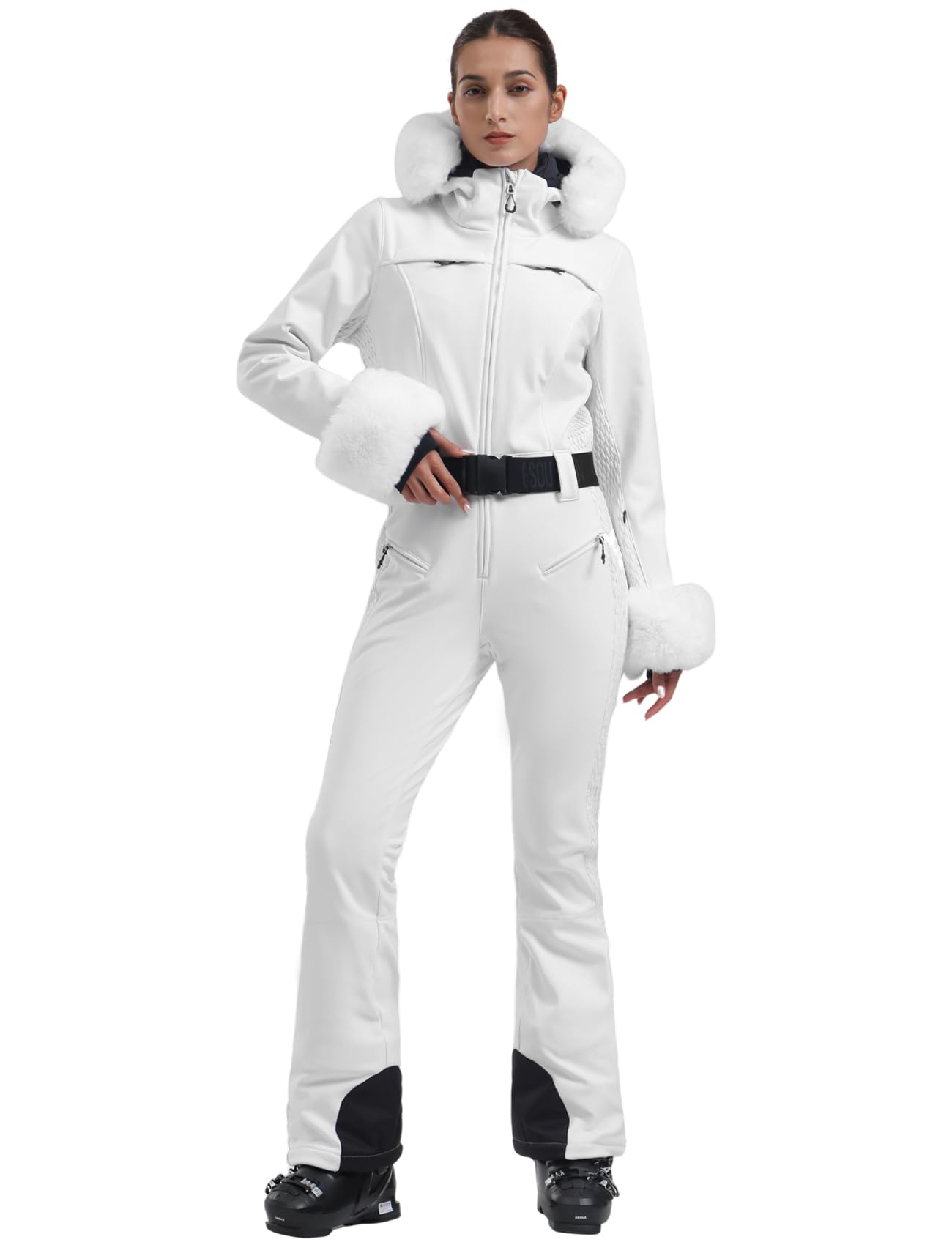 GSOU SNOW Ski Suit Womens One Piece Snowsuit Snowboard Jacket Slim Snow Jumpsuit Faux Fur Ski Outfit Waterproof Windproof