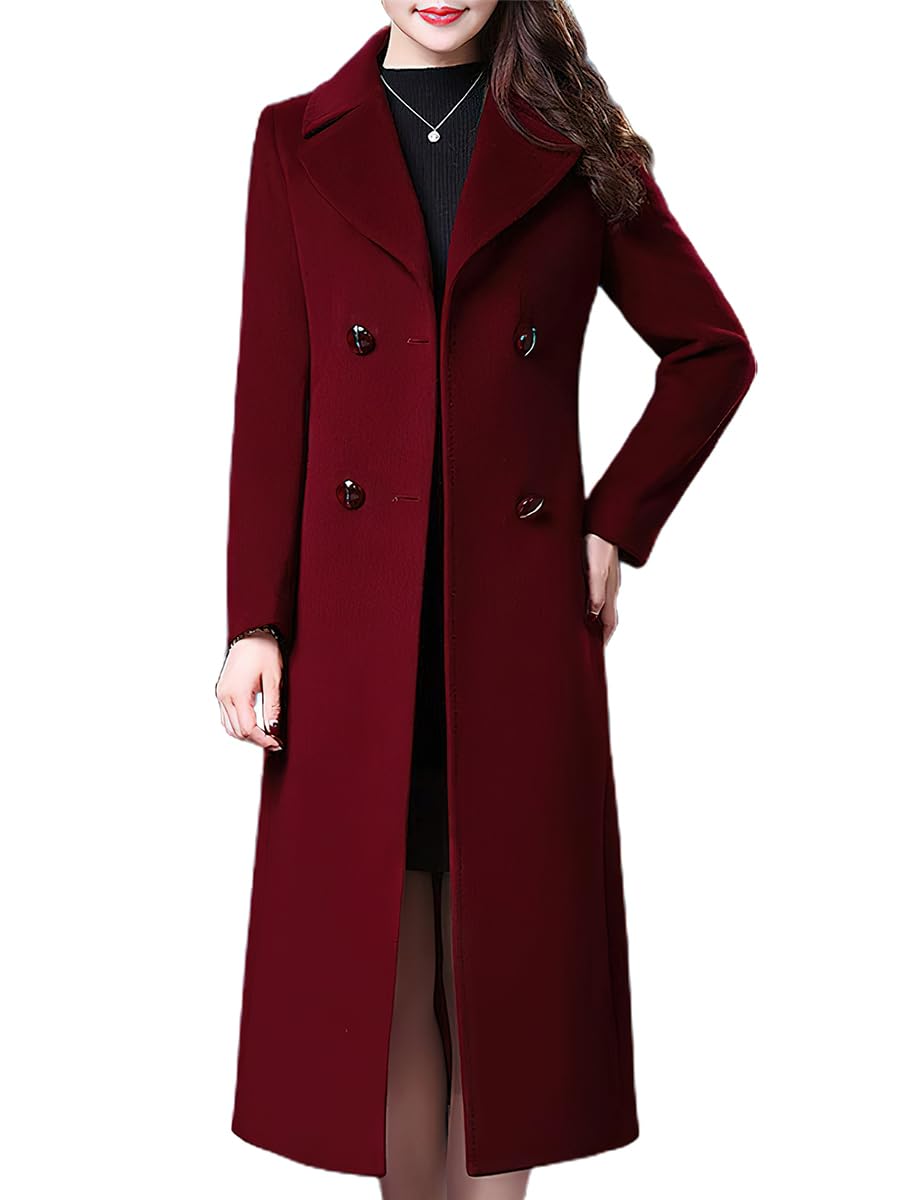 ebossy Women's Elegant Business Wool Coat Double Breasted Winter Long Coat
