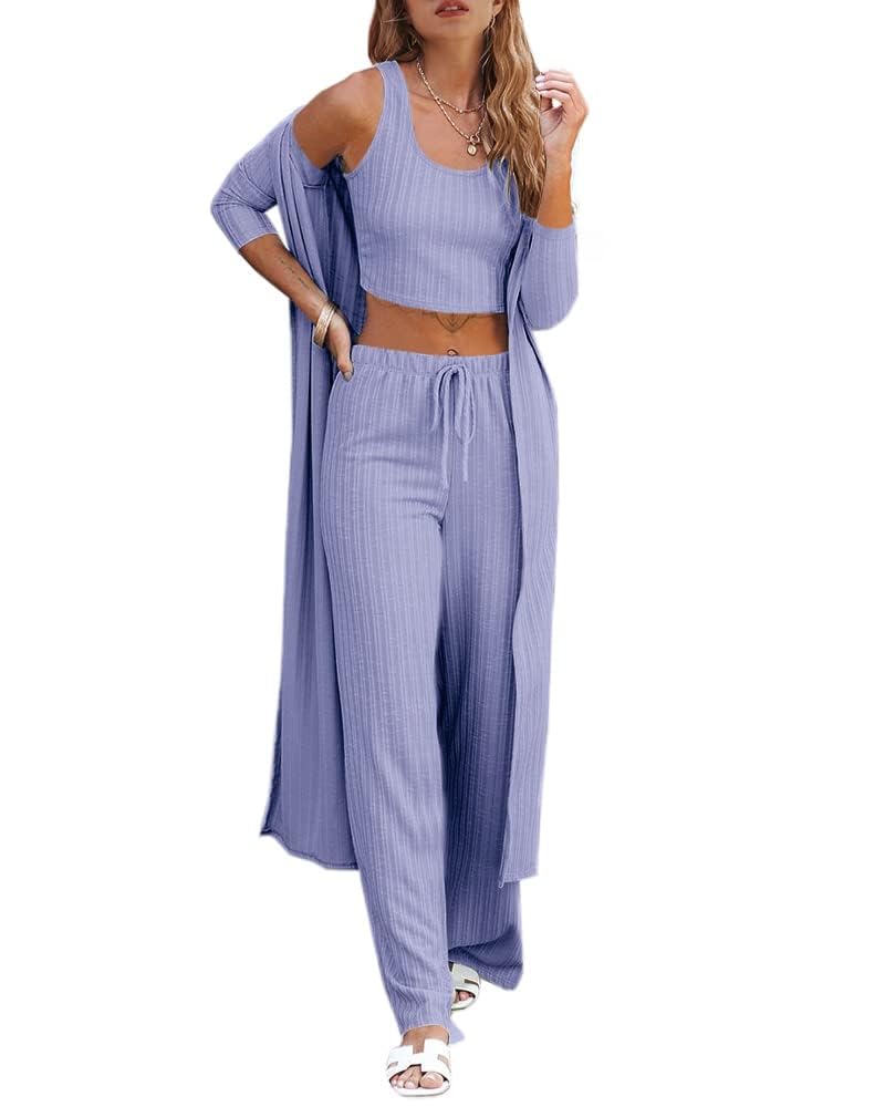 Fessceruna Womens 3 Piece Lounge Sets Pajamas Knit Long Sleeve Cardigan Crop Top Wide Leg Pants Loungewear Set