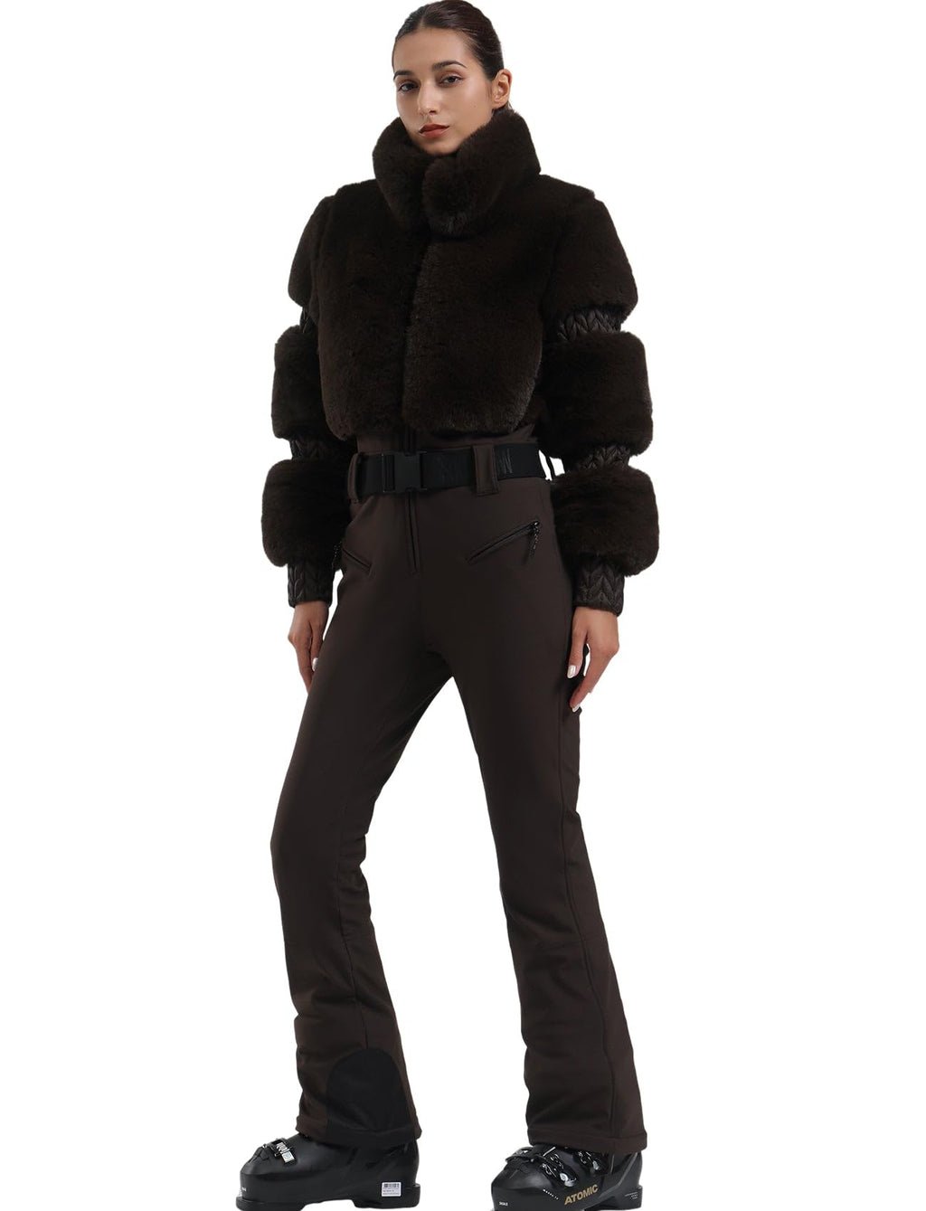 GSOU SNOW Women Ski Suit One Piece Snowsuit Snowboard Faux Fur Collar Slim Jumpsuit Jacket Insulated Windproof Outdoor Winter
