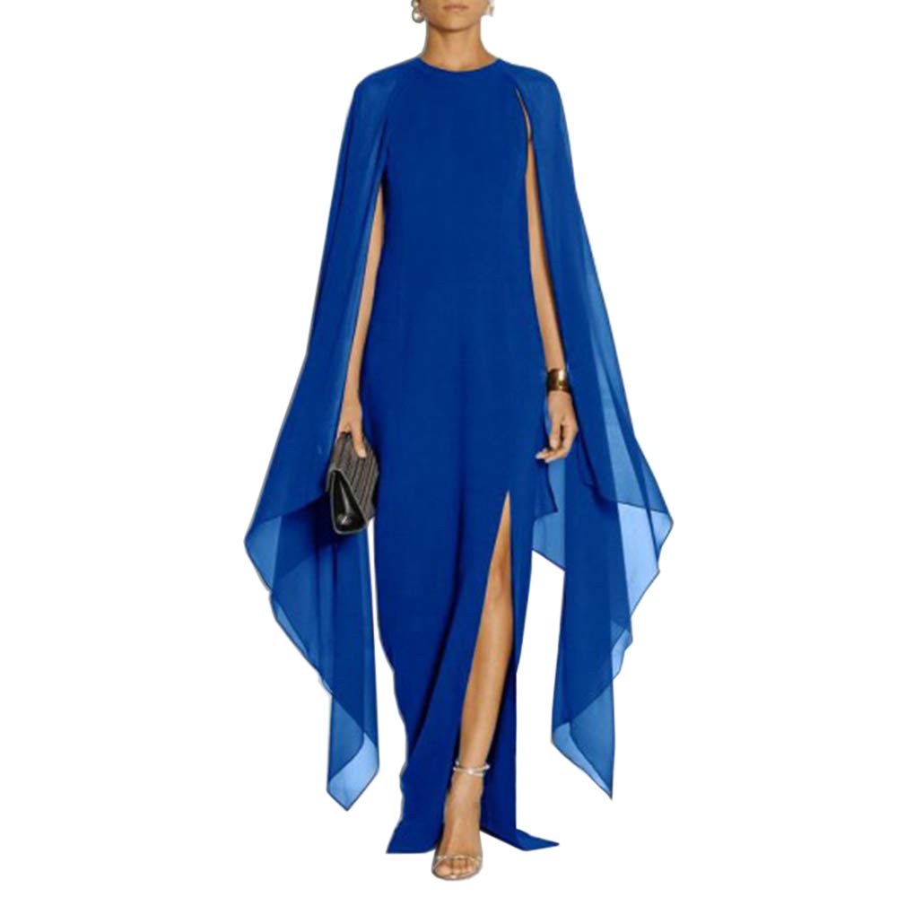 MAYFASEY Women's Elegant High Split Flare Sleeve Formal Evening Gowns Maxi Dress with Cape