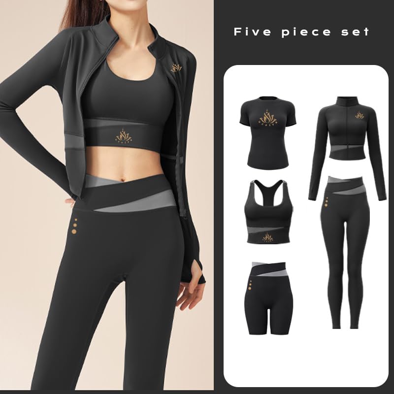 Women Activewear Gymwear Yoga Suit Athleisure Five Piece Set, T-Shirt, Jacket, Sports Bra, Leggings, Running Shorts