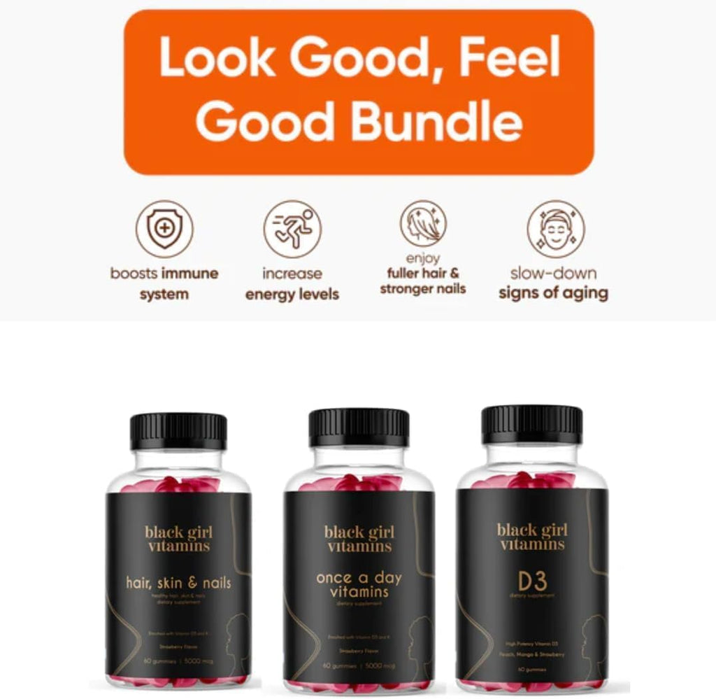 Black Girl Vitamins Look Good Feel Good Bundle – Hair Skin & Nails, Vitamin D3 2000IU & Once a Day Multivitamin - Women's Supplement Bundle – Energy, Immunity & Beauty Support