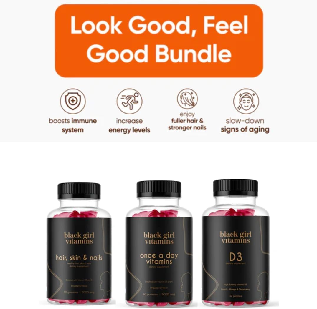Black Girl Vitamins Look Good Feel Good Bundle – Hair Skin & Nails, Vitamin D3 2000IU & Once a Day Multivitamin - Women's Supplement Bundle – Energy, Immunity & Beauty Support