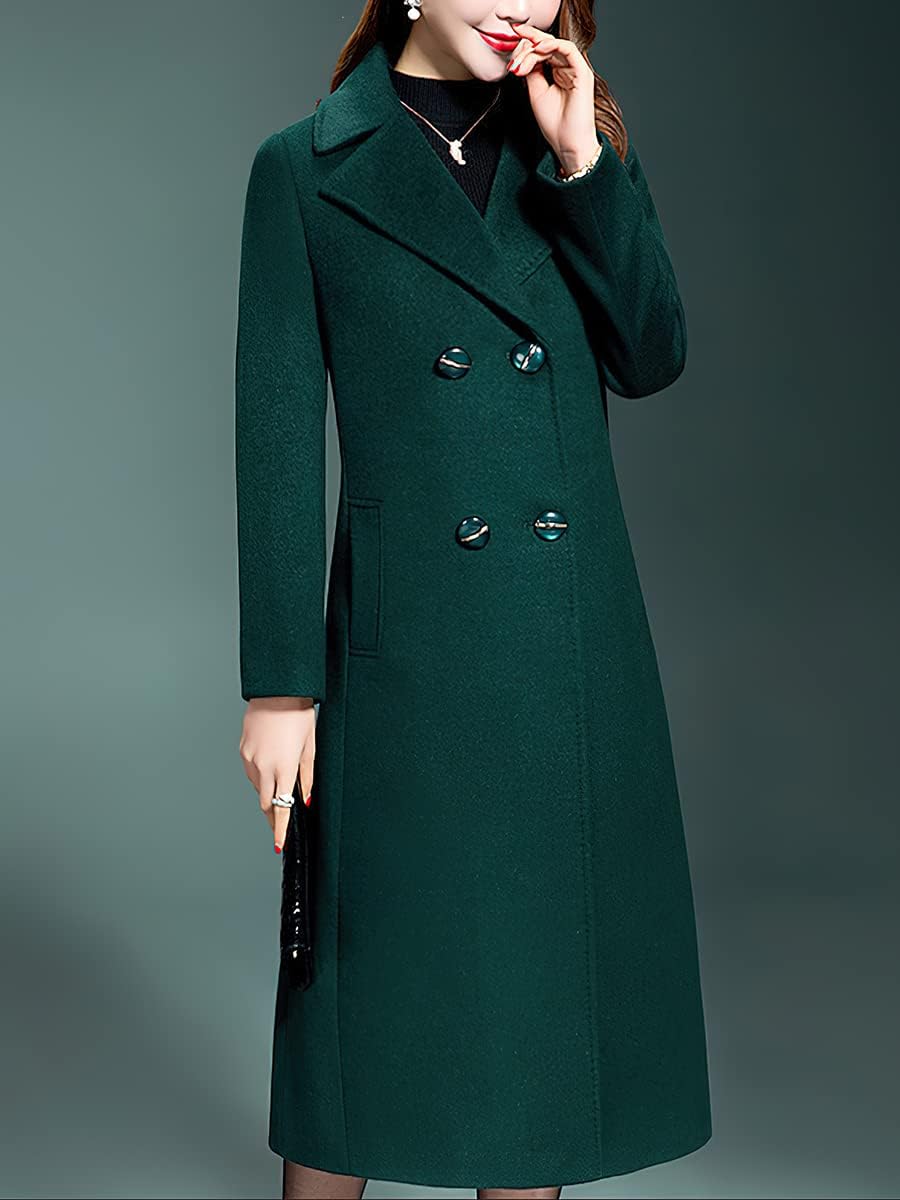 ebossy Women's Elegant Business Wool Coat Double Breasted Winter Long Coat