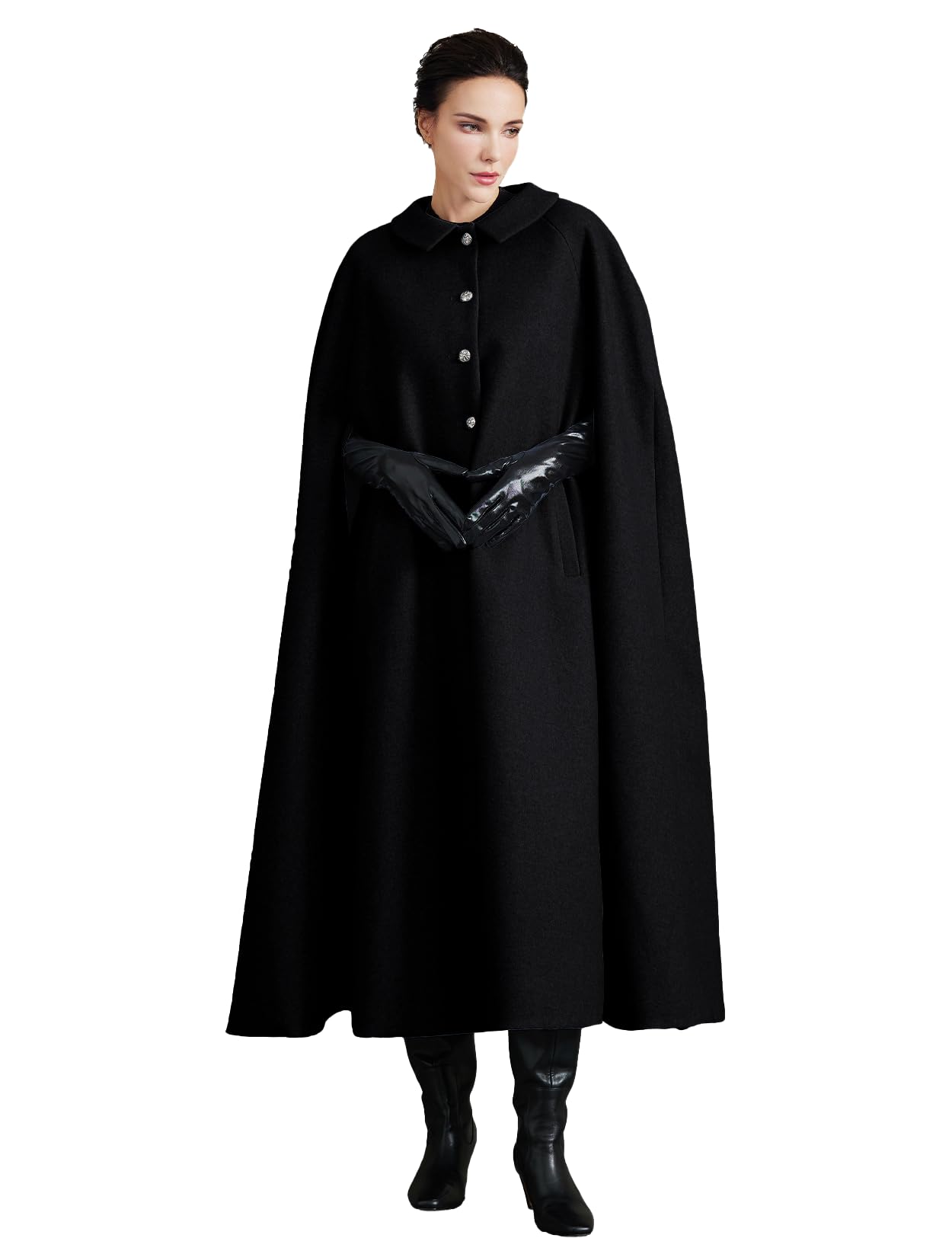 Women Wool Blend Single-Breasted Cape Coat Vintage Jacket Outwear with Pockets for Fall Winter