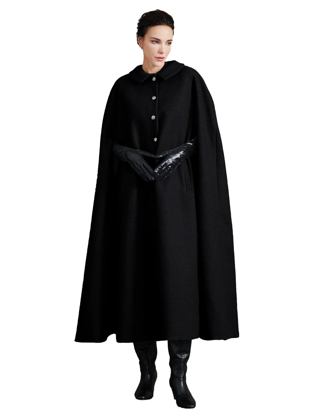 Women Wool Blend Single-Breasted Cape Coat Vintage Jacket Outwear with Pockets for Fall Winter