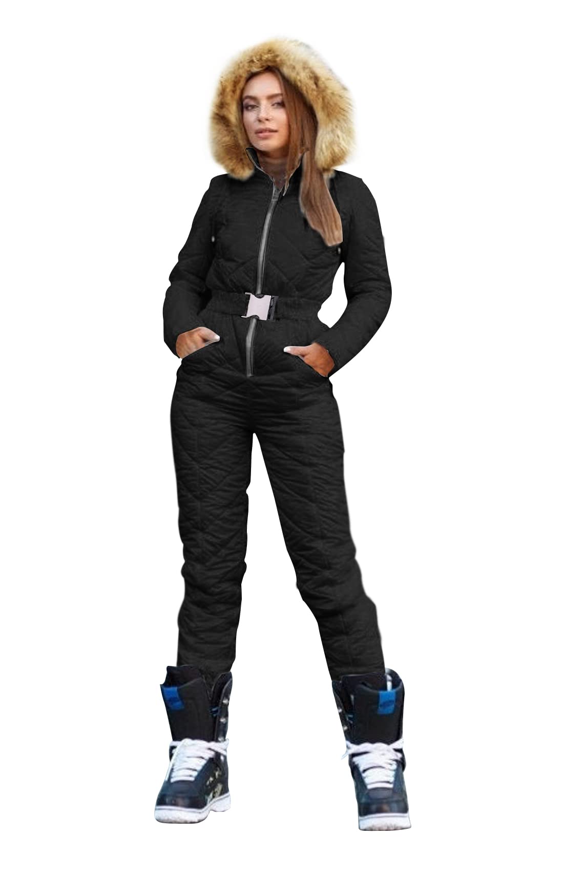 Yousify Womens Winter Ski Suit One Piece Hooded Fur Collar Ski Jumpsuit Snowsuit Outdoor Sports Coat