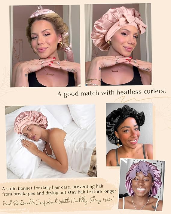 YANIBEST Silk Bonnet for Sleeping Women Satin Bonnet Double Layer Satin Lined Hair Bonnet with Tie Band Curly Hair Blush Pink