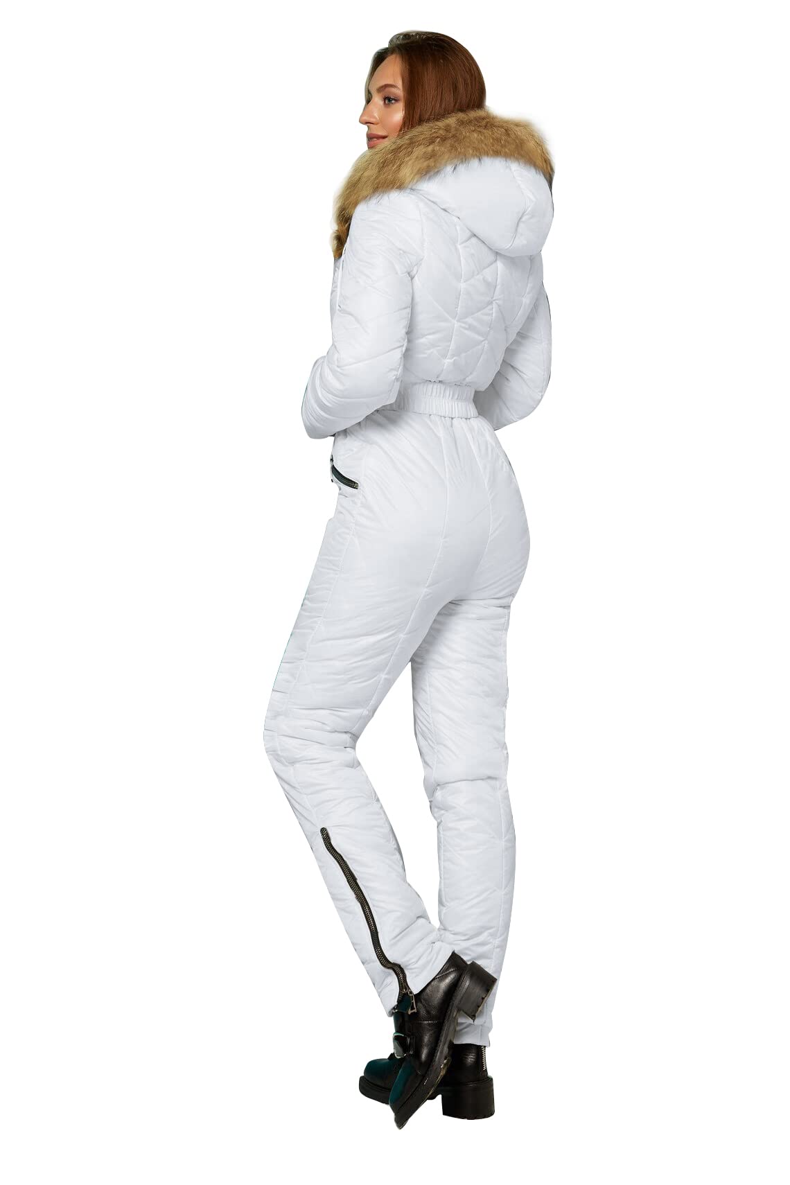 Yousify Womens Winter Ski Suit One Piece Hooded Fur Collar Ski Jumpsuit Snowsuit Outdoor Sports Coat