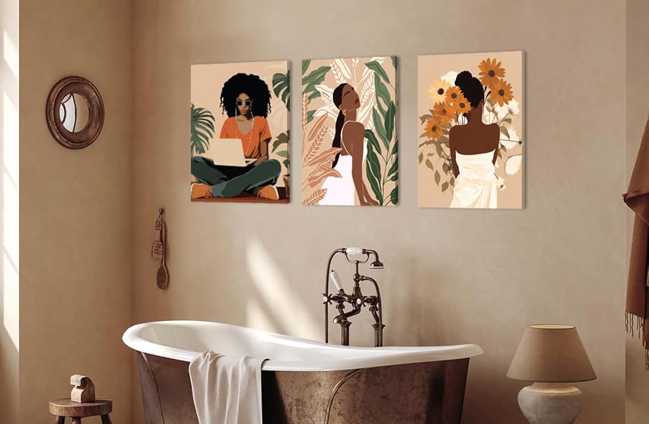 Framed Black Girl Wall Art Set of 3, Black Woman with Floral Pictures Wall Decor Paintings, Fashion African American Female Canvas Prints Home Decor for Living Room Bedroom Office 16x24 inch