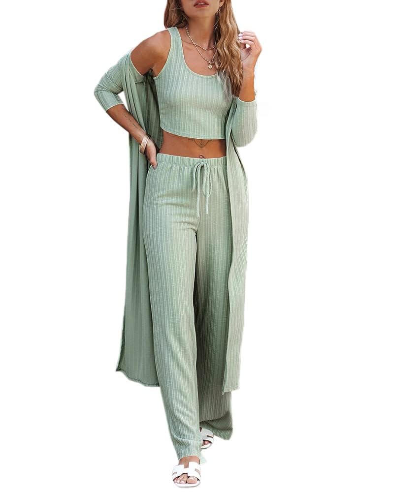 Fessceruna Womens 3 Piece Lounge Sets Pajamas Knit Long Sleeve Cardigan Crop Top Wide Leg Pants Loungewear Set