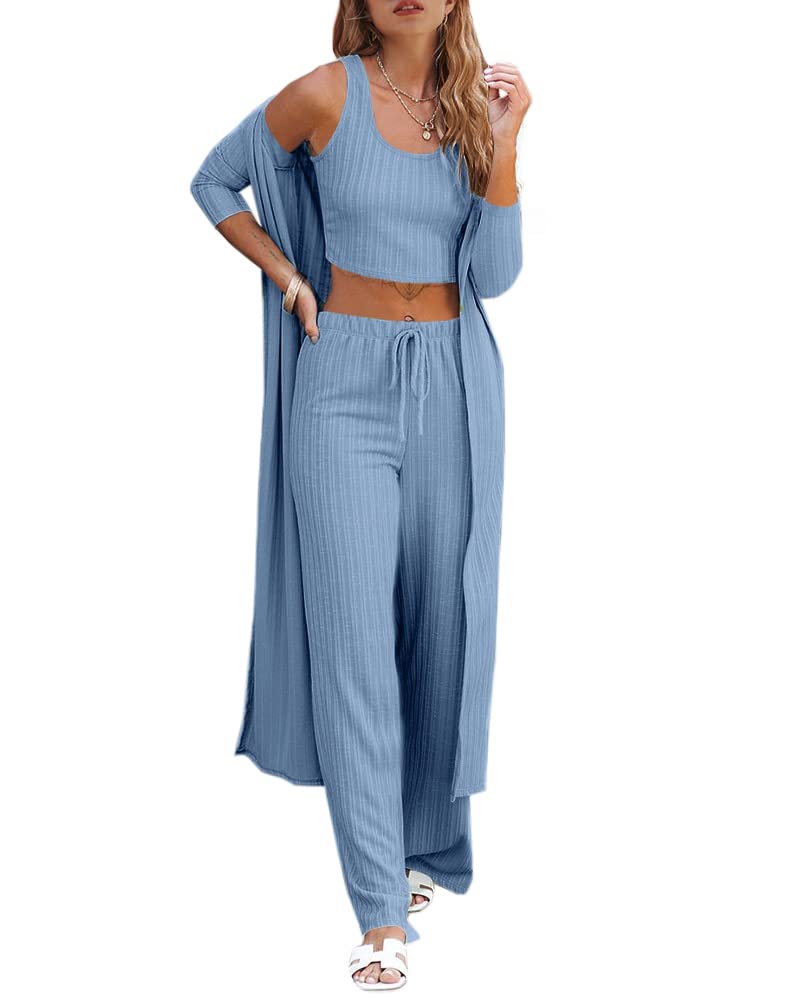 Fessceruna Womens 3 Piece Lounge Sets Pajamas Knit Long Sleeve Cardigan Crop Top Wide Leg Pants Loungewear Set