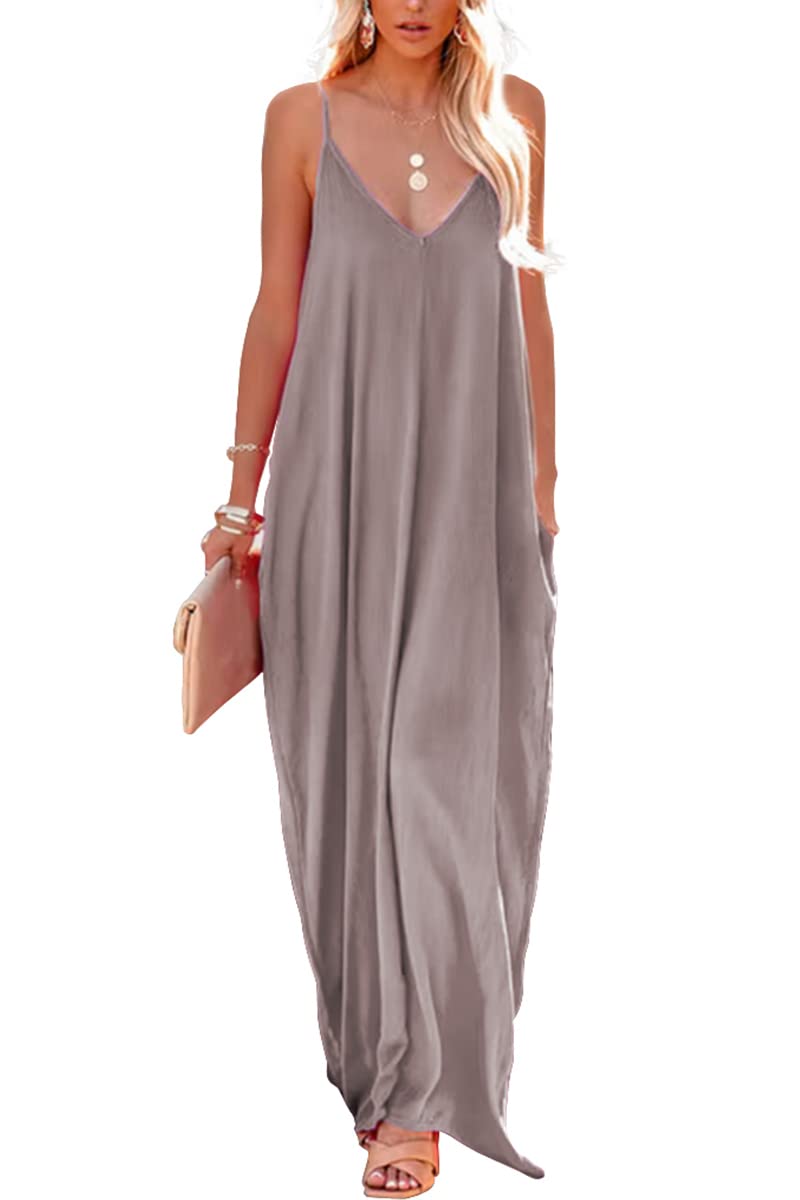Poetsky Womens Casual Strappy V Neck Sleeveless Flowy Pockets Loose Long Maxi Beach Dress Sundress