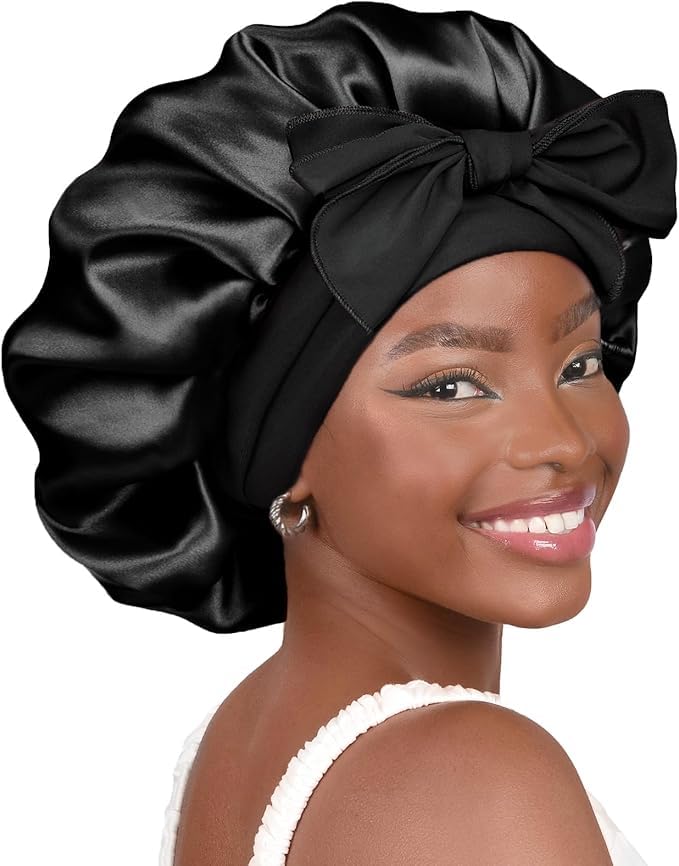 YANIBEST Silk Bonnet for Sleeping Women Satin Bonnet Double Layer Satin Lined Hair Bonnet with Tie Band Curly Hair Blush Pink
