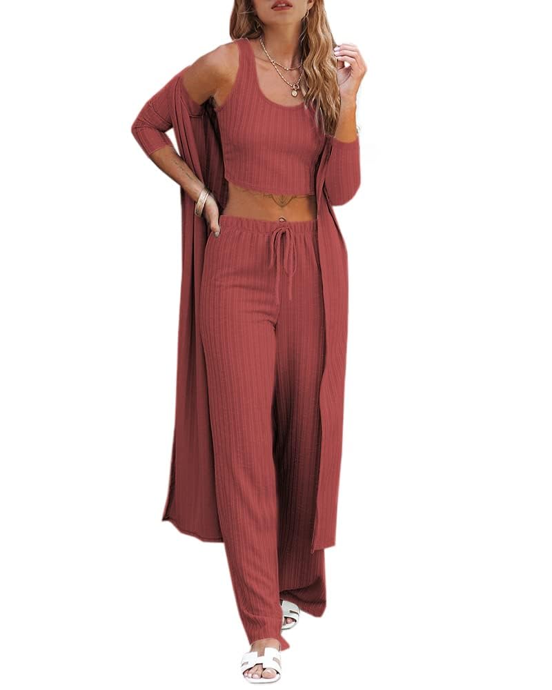 Fessceruna Womens 3 Piece Lounge Sets Pajamas Knit Long Sleeve Cardigan Crop Top Wide Leg Pants Loungewear Set