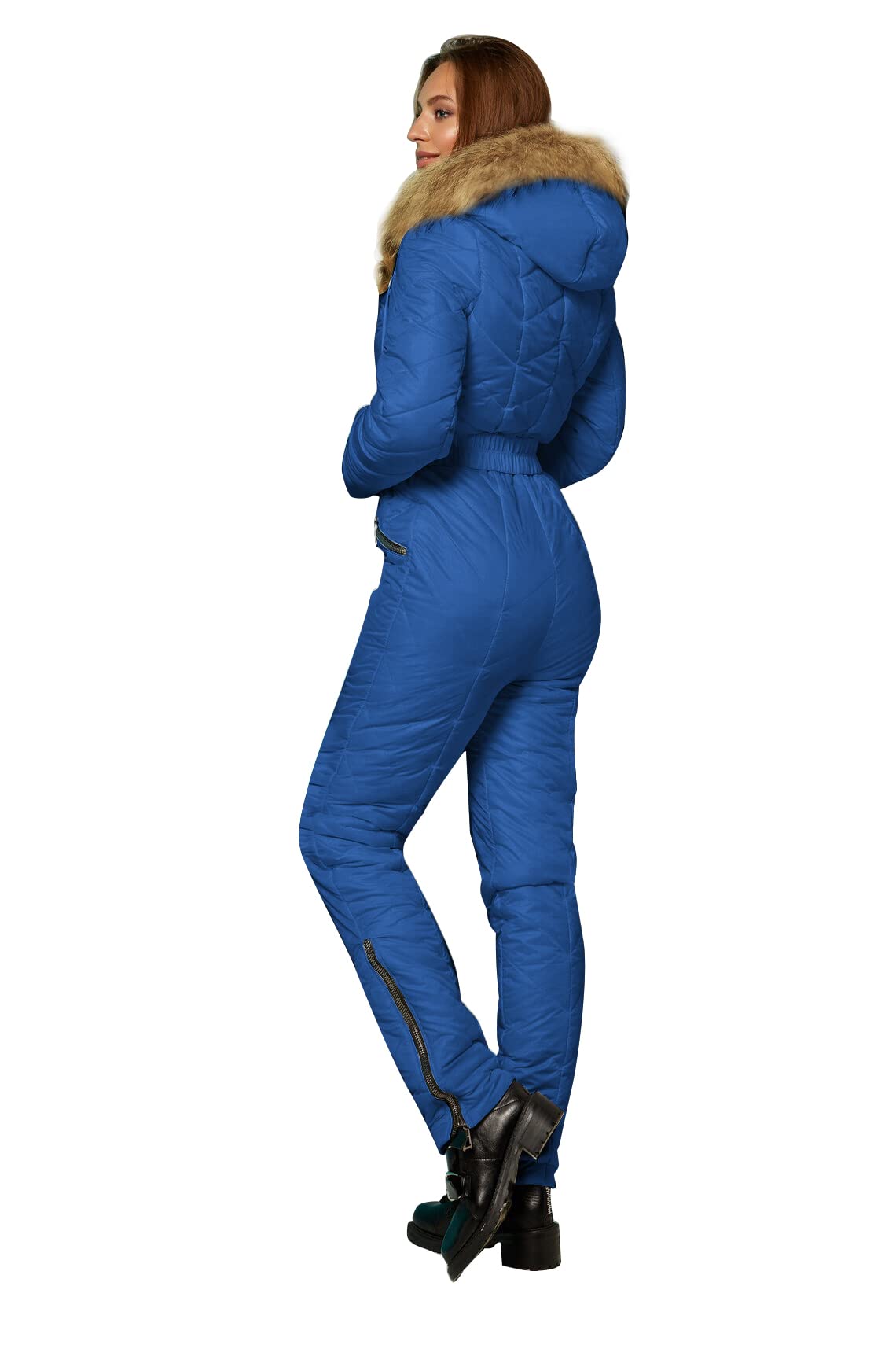 Yousify Womens Winter Ski Suit One Piece Hooded Fur Collar Ski Jumpsuit Snowsuit Outdoor Sports Coat