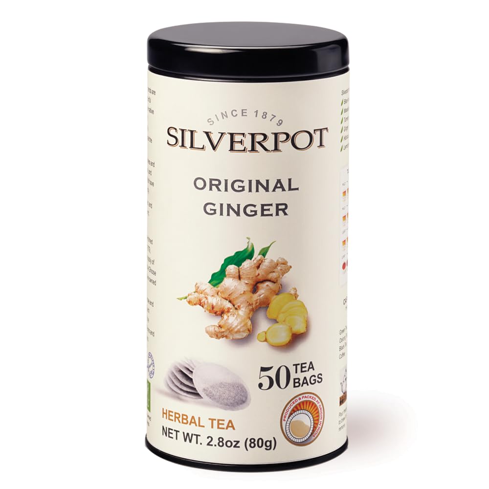Silverpot Original Ginger Tea - 50 Round Tea Bags | Caffeine Free | Spicy Flavor | Warming & Soothing Blend | Reusable Tin